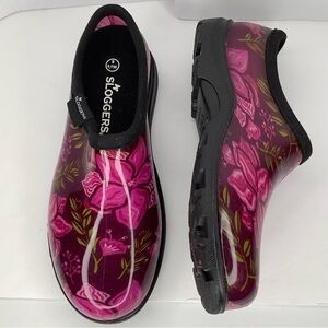 Sloggers Burgundy Pink Floral Slip On Waterproof Women’s Clogs Sz 8 Garden